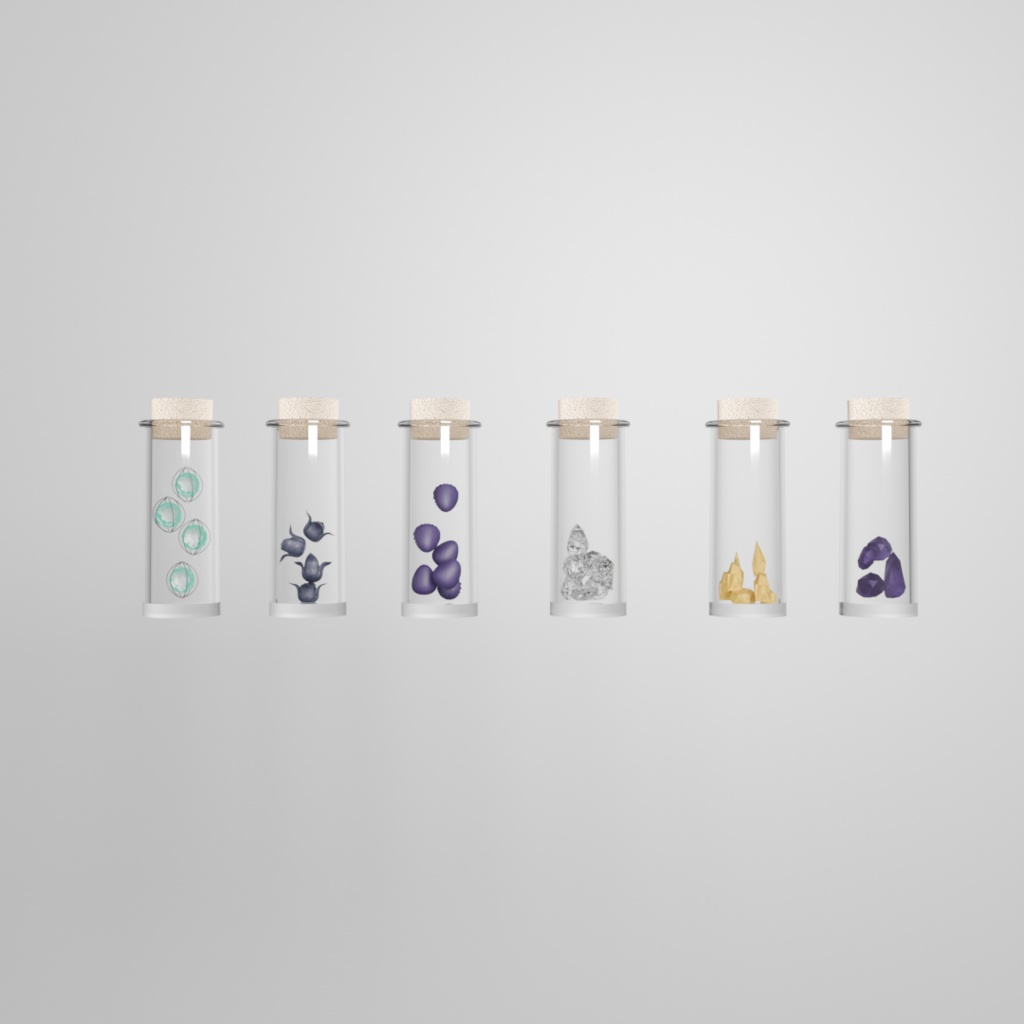 錬金術素材セット|瓶入り鉱物&魔導種子(6種)