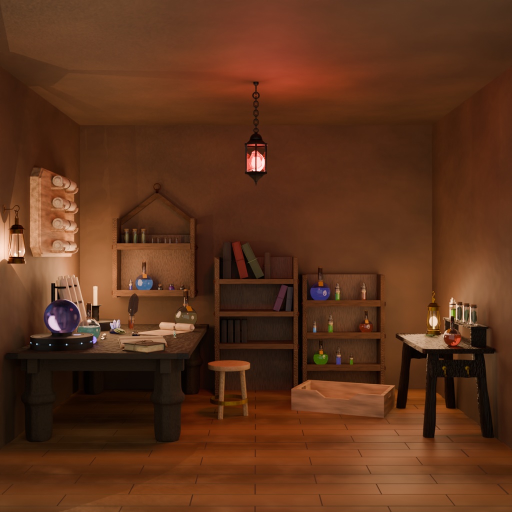 中世ファンタジー作業机セット(木材4種)|錬金術・魔術・研究室向け3D素材