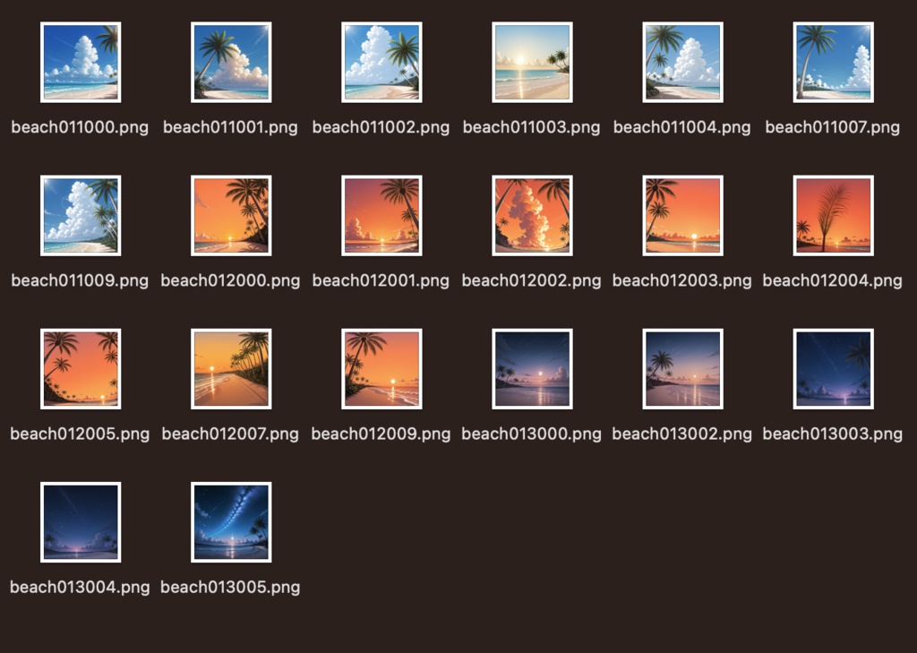 【AI背景素材】夏のビーチ背景セット|日の出・朝・夕・夜|1080×1080(全20枚)