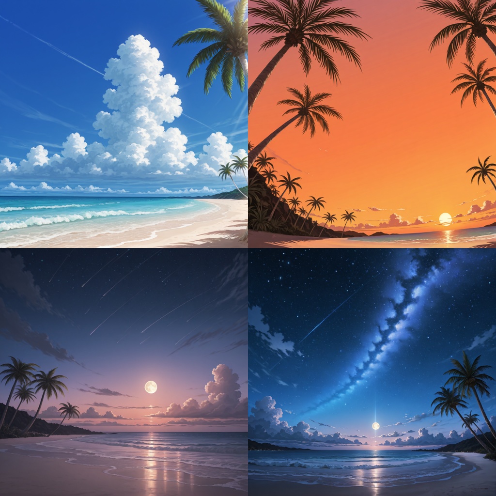 【AI背景素材】夏のビーチ背景セット｜日の出・朝・夕・夜｜1080×1080（全20枚）