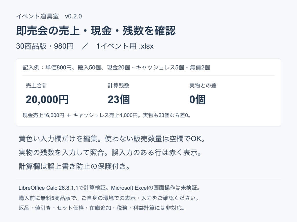 即売会の売上・残数・現金照合シート｜30商品【xlsx】