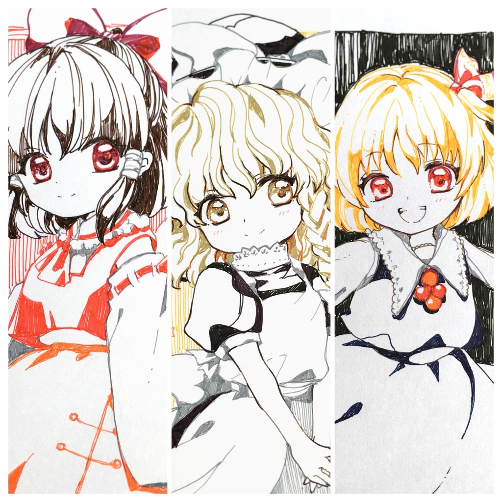 ドローイング原画＊【紅魔郷】霊夢＆魔理沙＆ルーミア　3枚セット