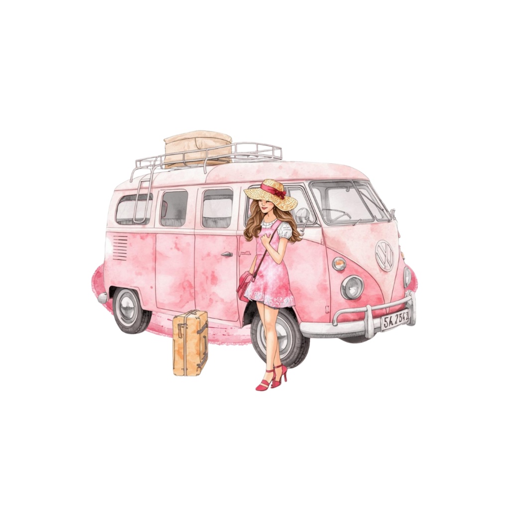 【旅行編】ピンクの水彩・アンティーク風 クリップアート 7点セット