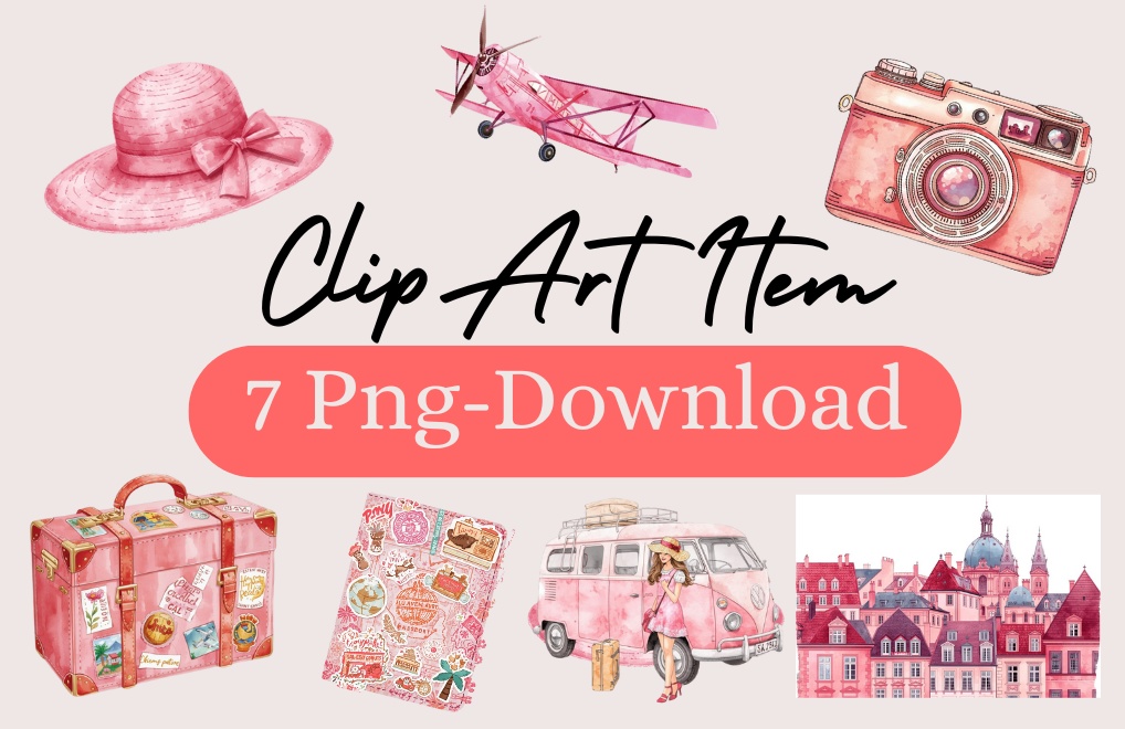 【旅行編】ピンクの水彩・アンティーク風 クリップアート 7点セット