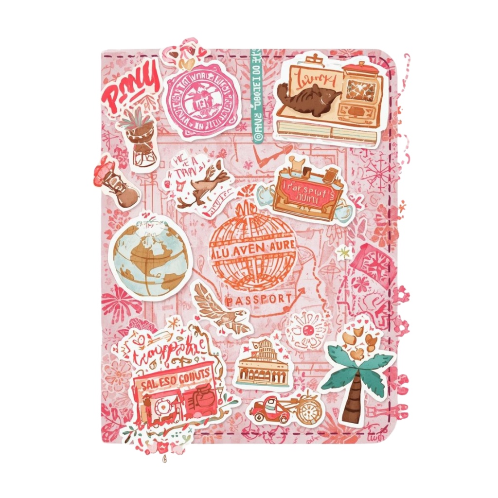 【旅行編】ピンクの水彩・アンティーク風 クリップアート 7点セット