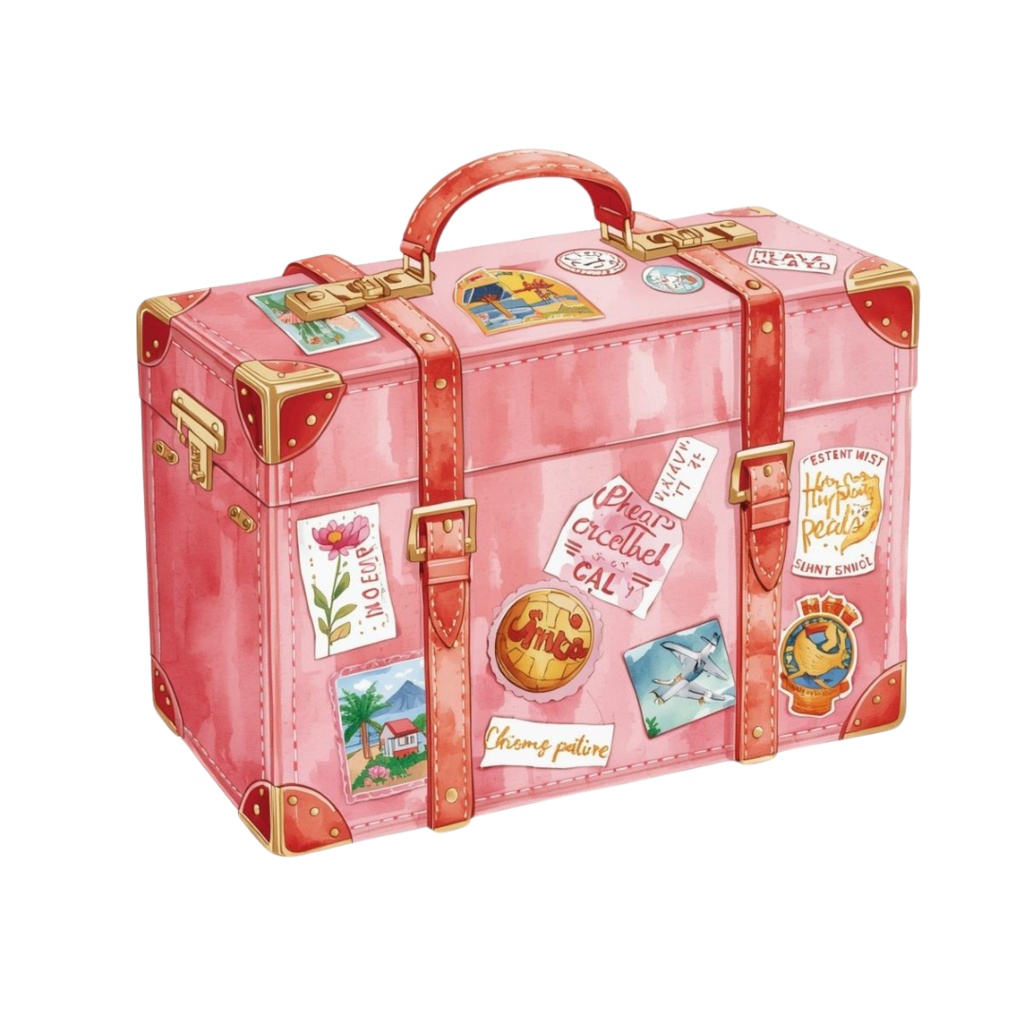 【旅行編】ピンクの水彩・アンティーク風 クリップアート 7点セット