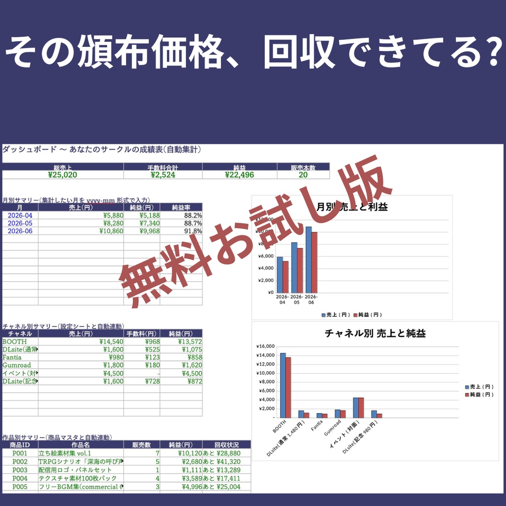 【無料】同人・デジタル作品の売上・利益管理シート お試し版|BOOTH手数料を自動計算/制作コストの回収が見える【Excelテンプレート】