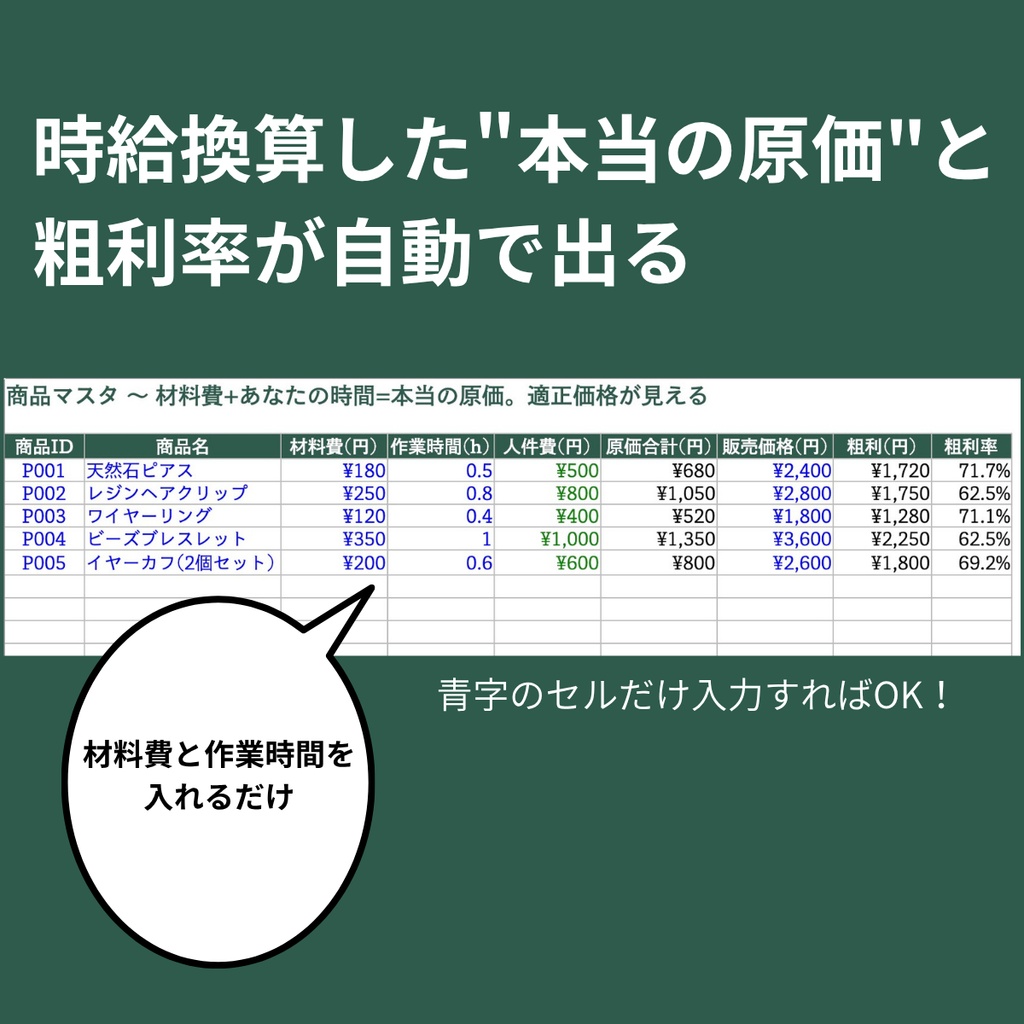ハンドメイド作家のための原価計算・利益管理シート|材料費+作業時間+販売手数料まで自動計算【Excelテンプレート】