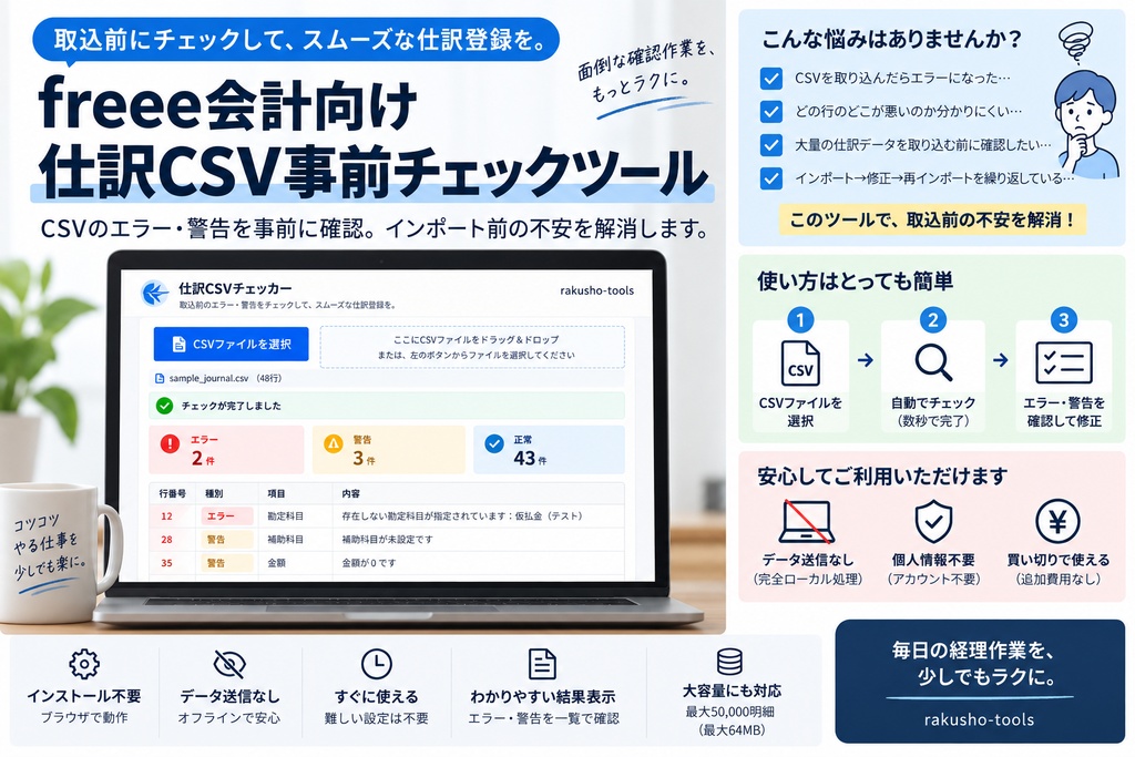 freee会計向け 仕訳CSV事前チェックツール｜オフライン・データ送信なし
