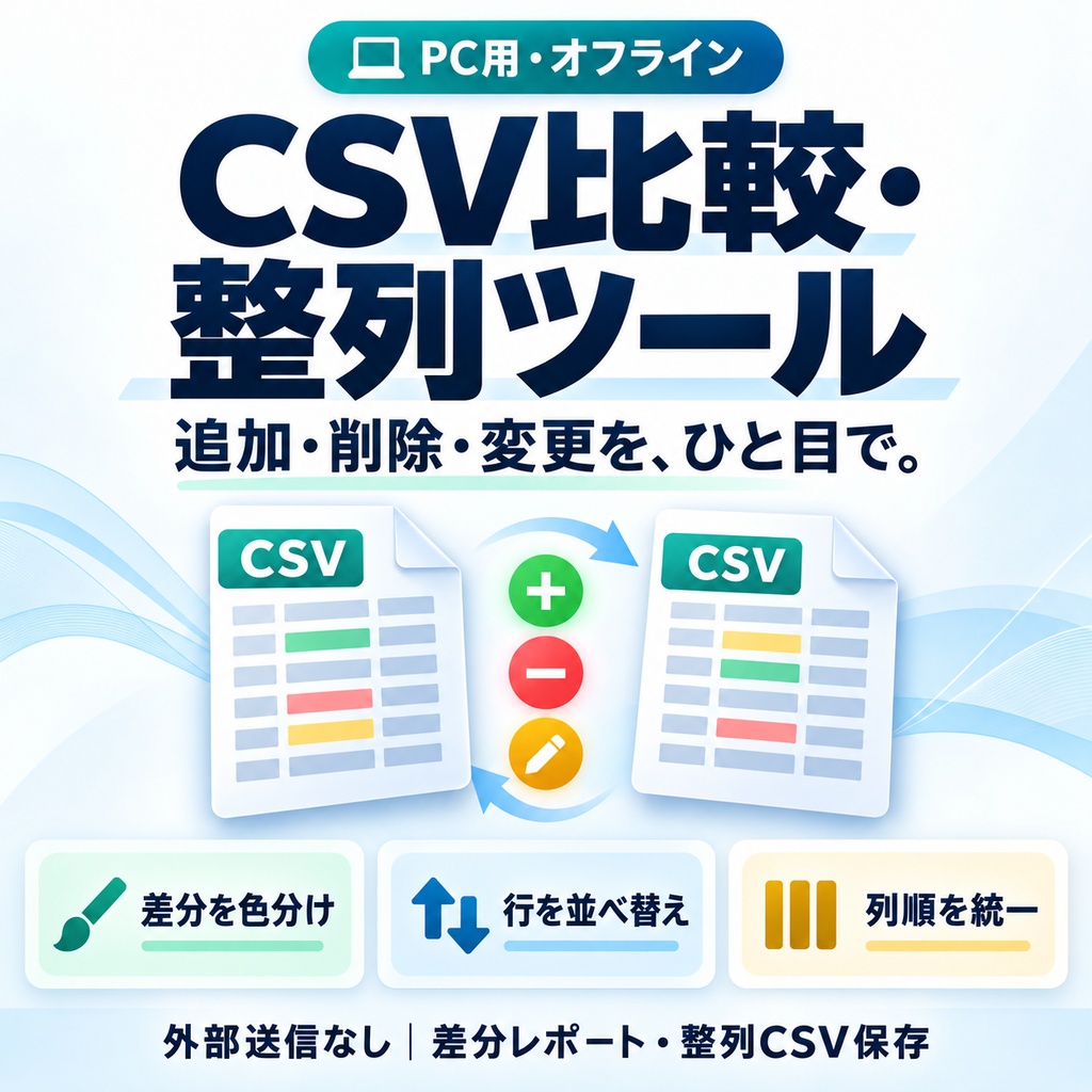 CSV比較・整列ツール｜差分チェック・並べ替え・列順統一｜PC用・オフライン