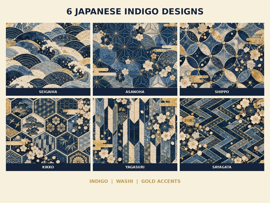 【商用利用OK】藍染・金彩 和柄背景素材集|Japanese Indigo|6柄×4サイズ・24PNG