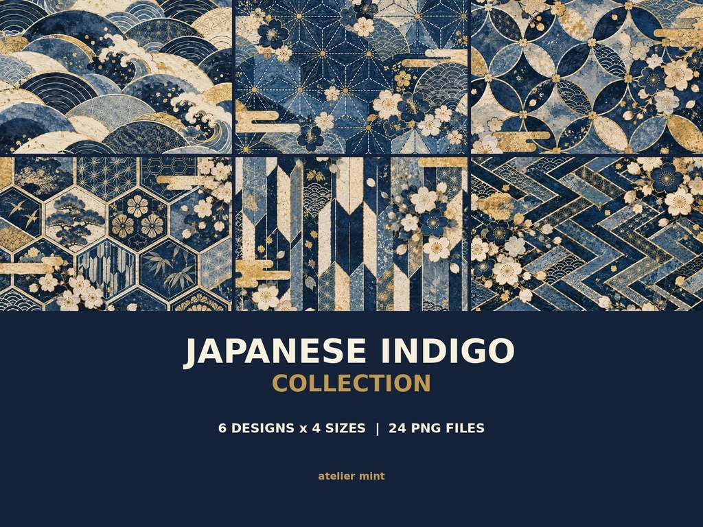 【商用利用OK】藍染・金彩 和柄背景素材集｜Japanese Indigo｜6柄×4サイズ・24PNG