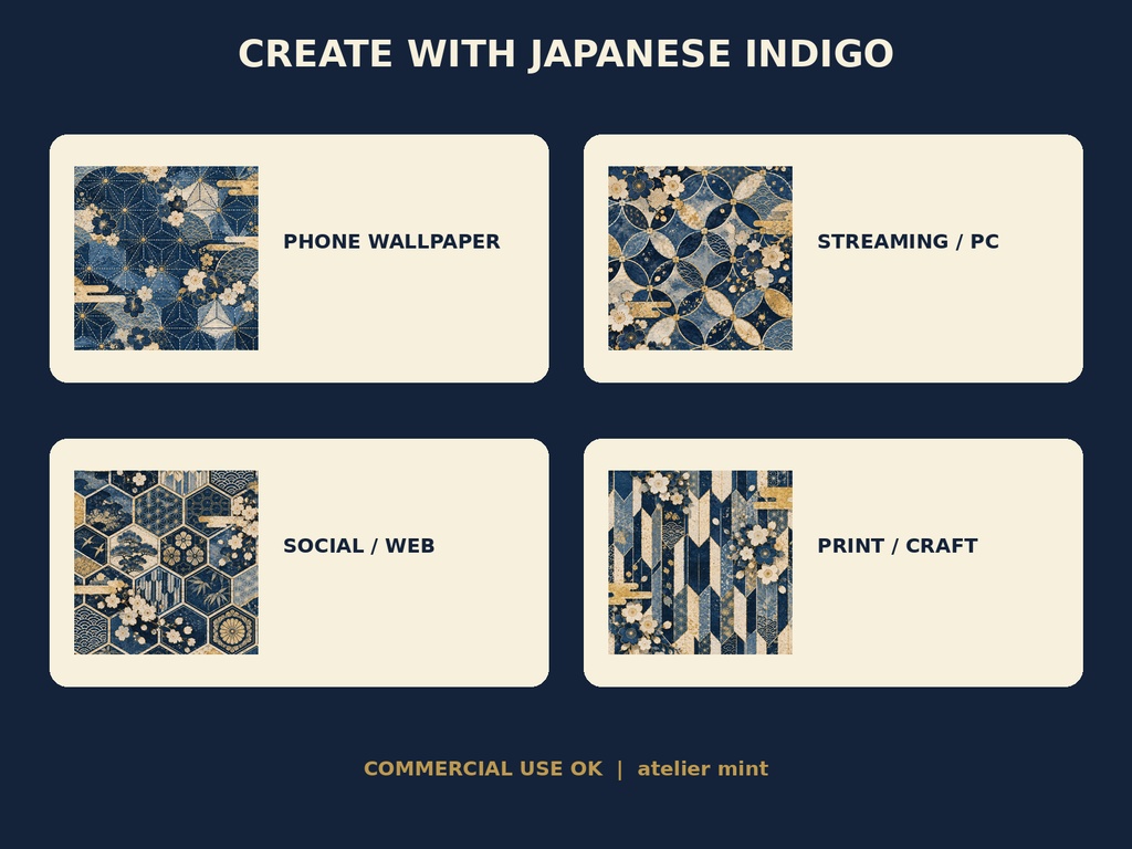 【商用利用OK】藍染・金彩 和柄背景素材集|Japanese Indigo|6柄×4サイズ・24PNG