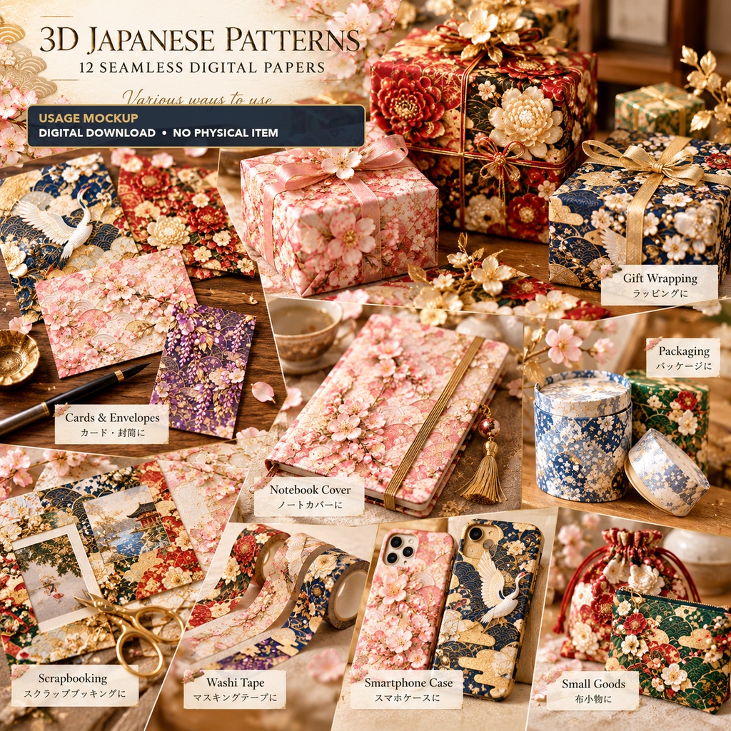 3D和柄デジタルペーパー|豪華な花と金彩風・12柄シームレス・商用利用OK