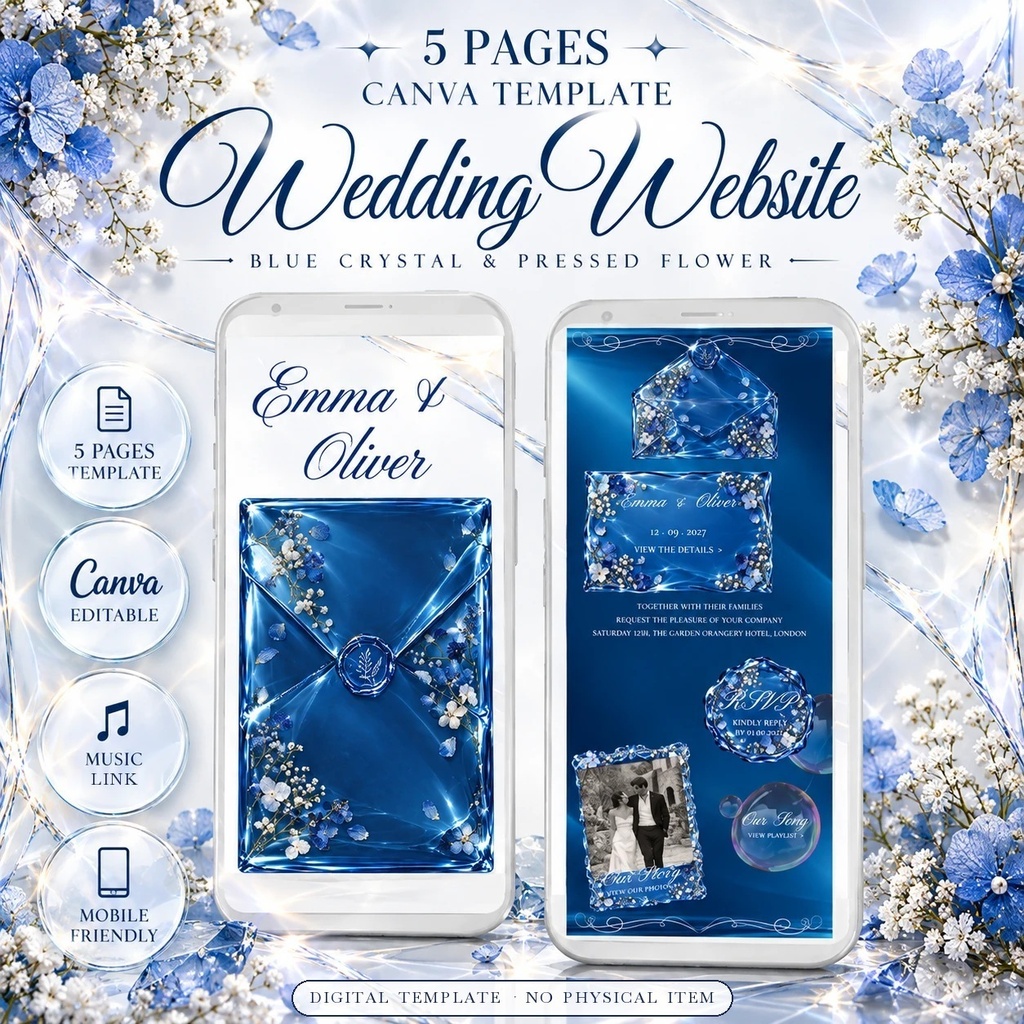 【Canva】Webサイト招待状テンプレート｜青×ガラス｜封筒タップ・RSVPリンク・5ページ