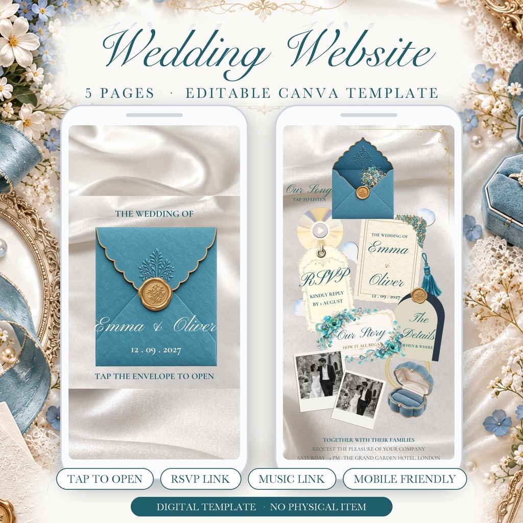 【Canva】Webサイト招待状テンプレート|ターコイズ×白バラ|封筒タップ・RSVPリンク・5ページ