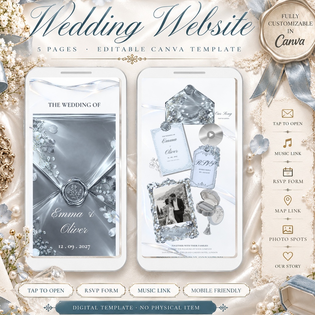 【Canva】Webサイト招待状テンプレート｜シルバー×クリスタル｜封筒タップ・出欠フォーム付き・5ページ