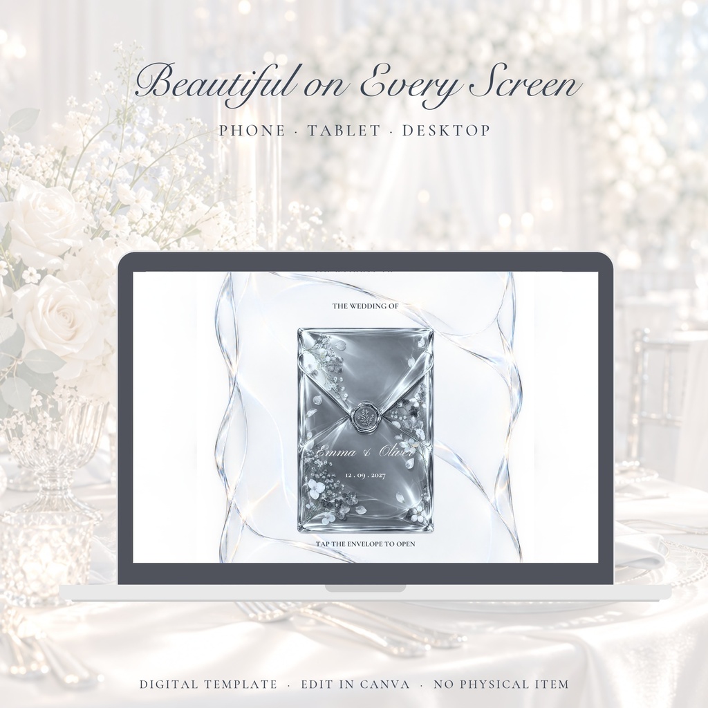 【Canva】Webサイト招待状テンプレート|シルバー×クリスタル|封筒タップ・出欠フォーム付き・5ページ