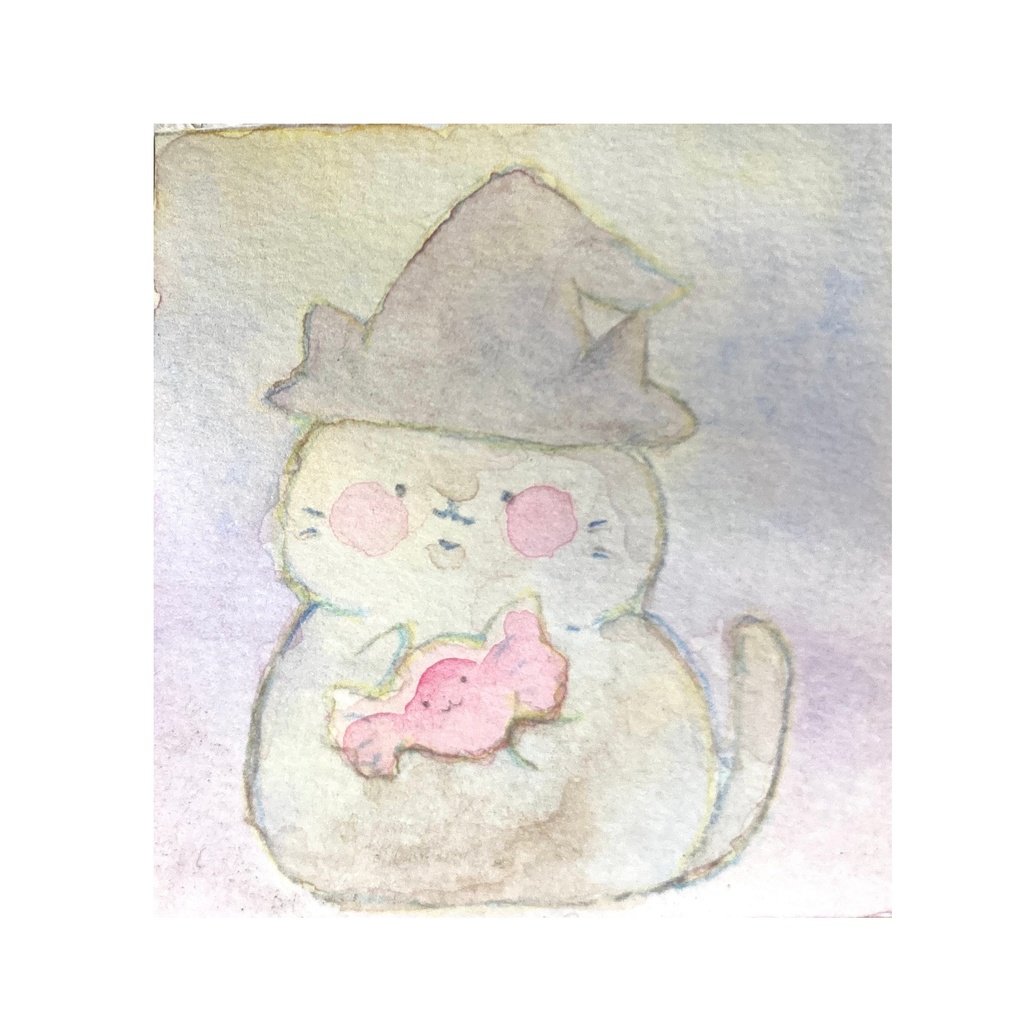 透明水彩　ミニ原画（額なし）　ハロウィンねこ