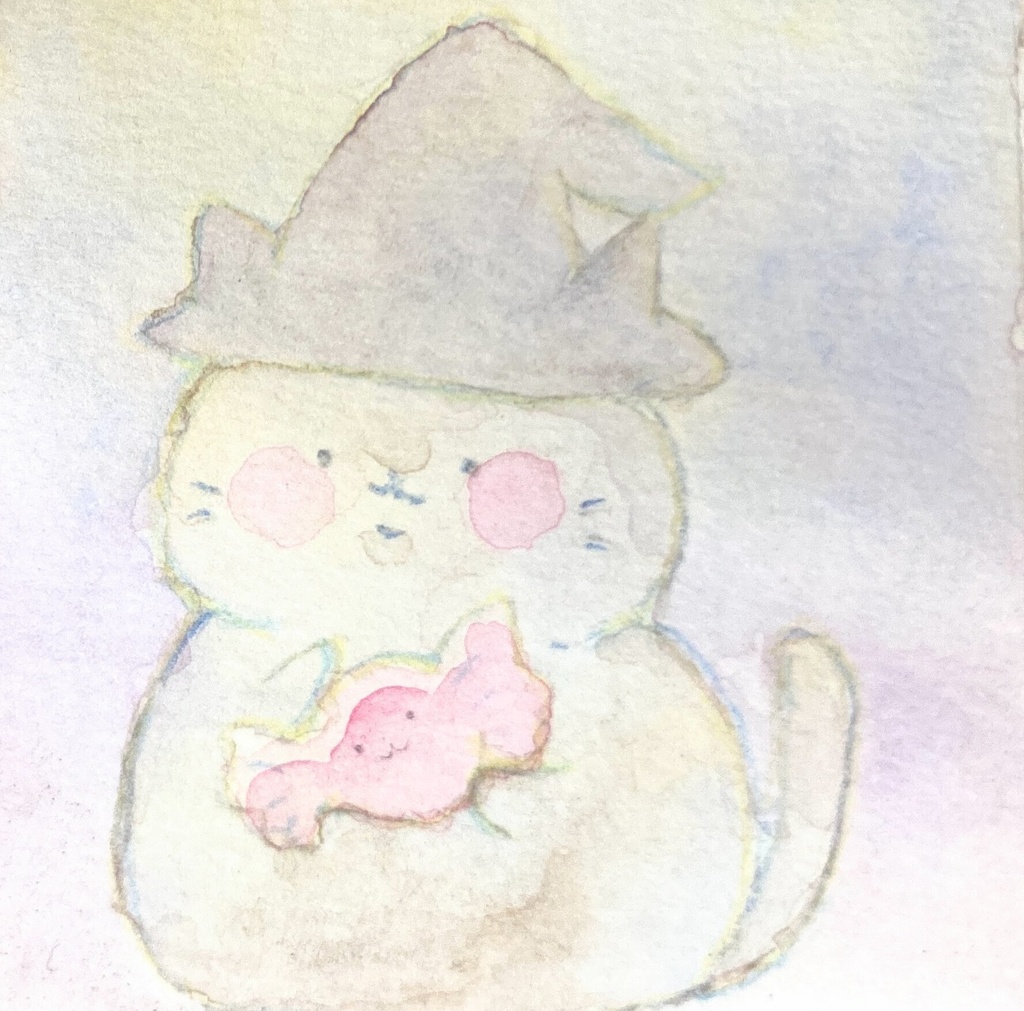 透明水彩　ミニ原画（額なし）　ハロウィンねこ