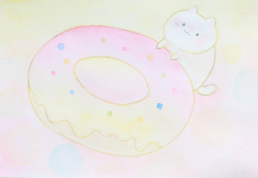 額無し　ポストカードサイズ原画　ドーナツねこ