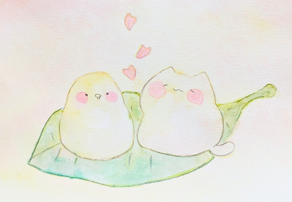 額無し　ポストカードサイズ原画　おもちなことりとねこ