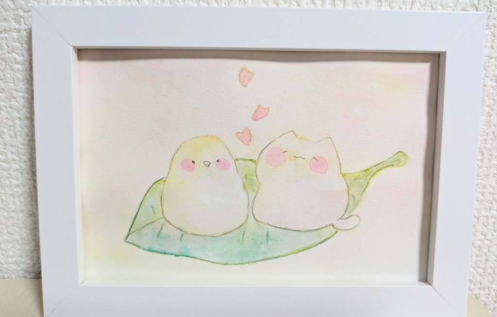 ポストカードサイズ原画 おもちなことりとねこ