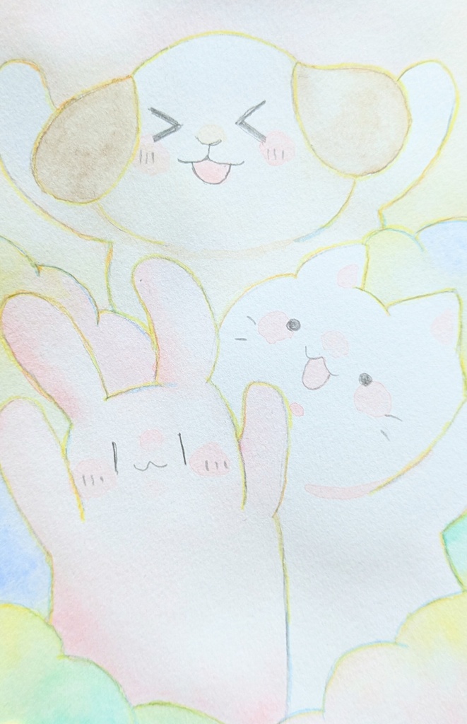 額無し　ポストカードサイズ原画　いぬうさねこ　ドローイング