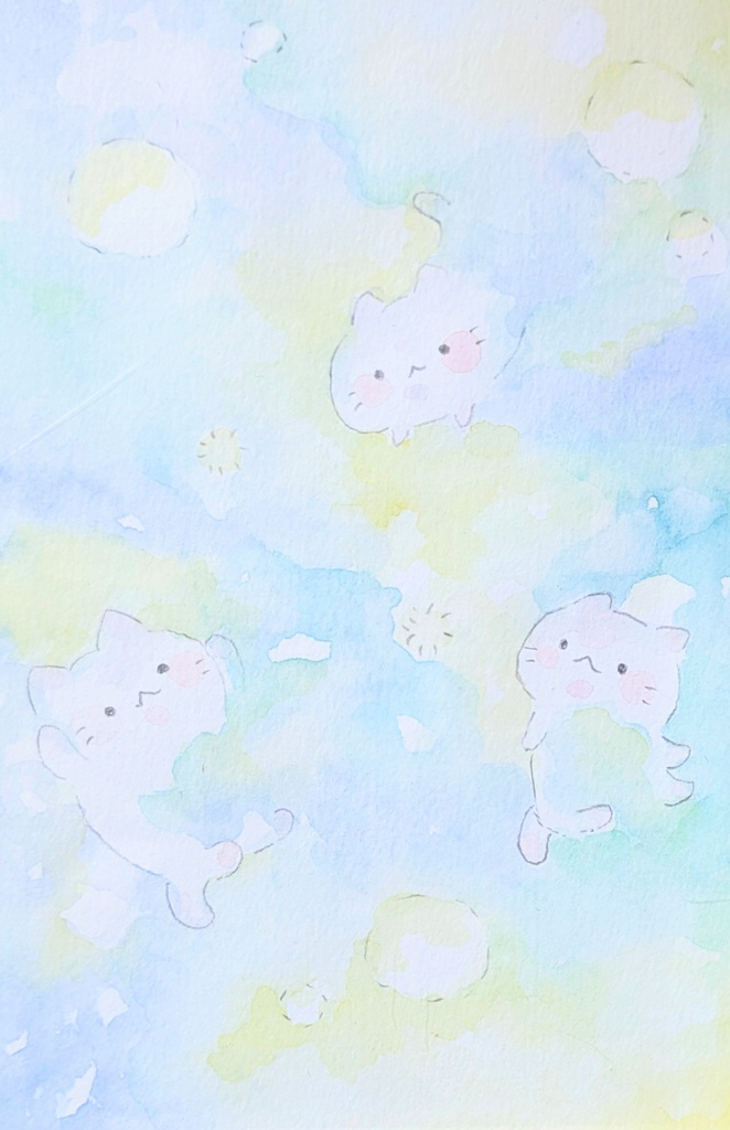 額無し　ポストカードサイズ原画　青いそら　ねこ