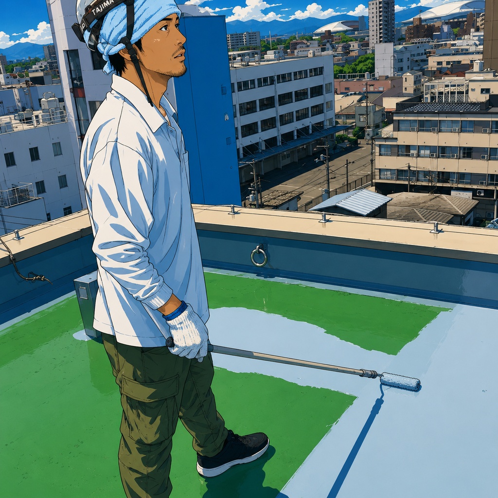 「屋上防水職人｜アニメ風イラスト素材」
