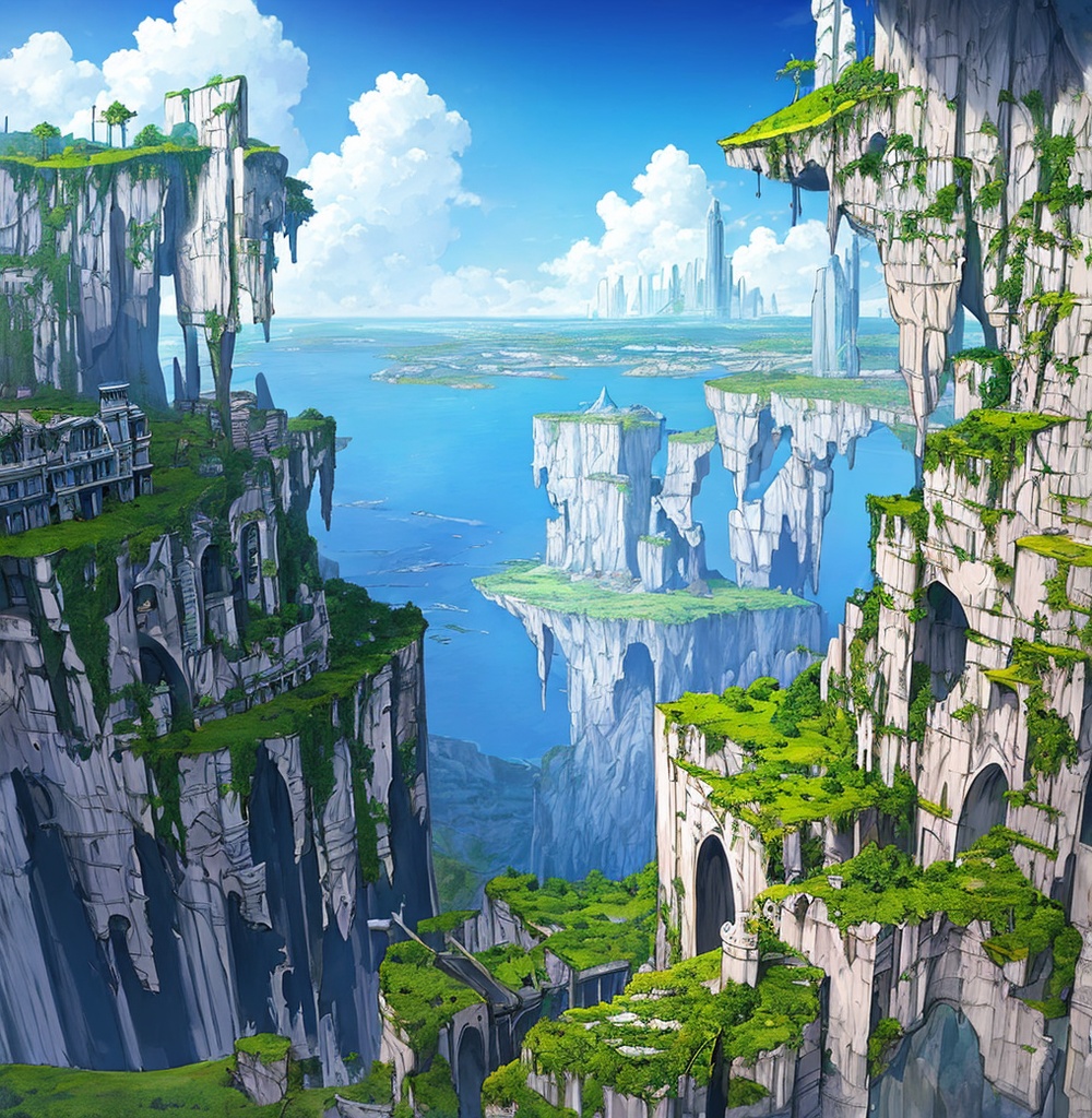 【AI生成】空中大陸と蒼海の廃墟 ファンタジー風景イラスト壁紙セット(3枚)