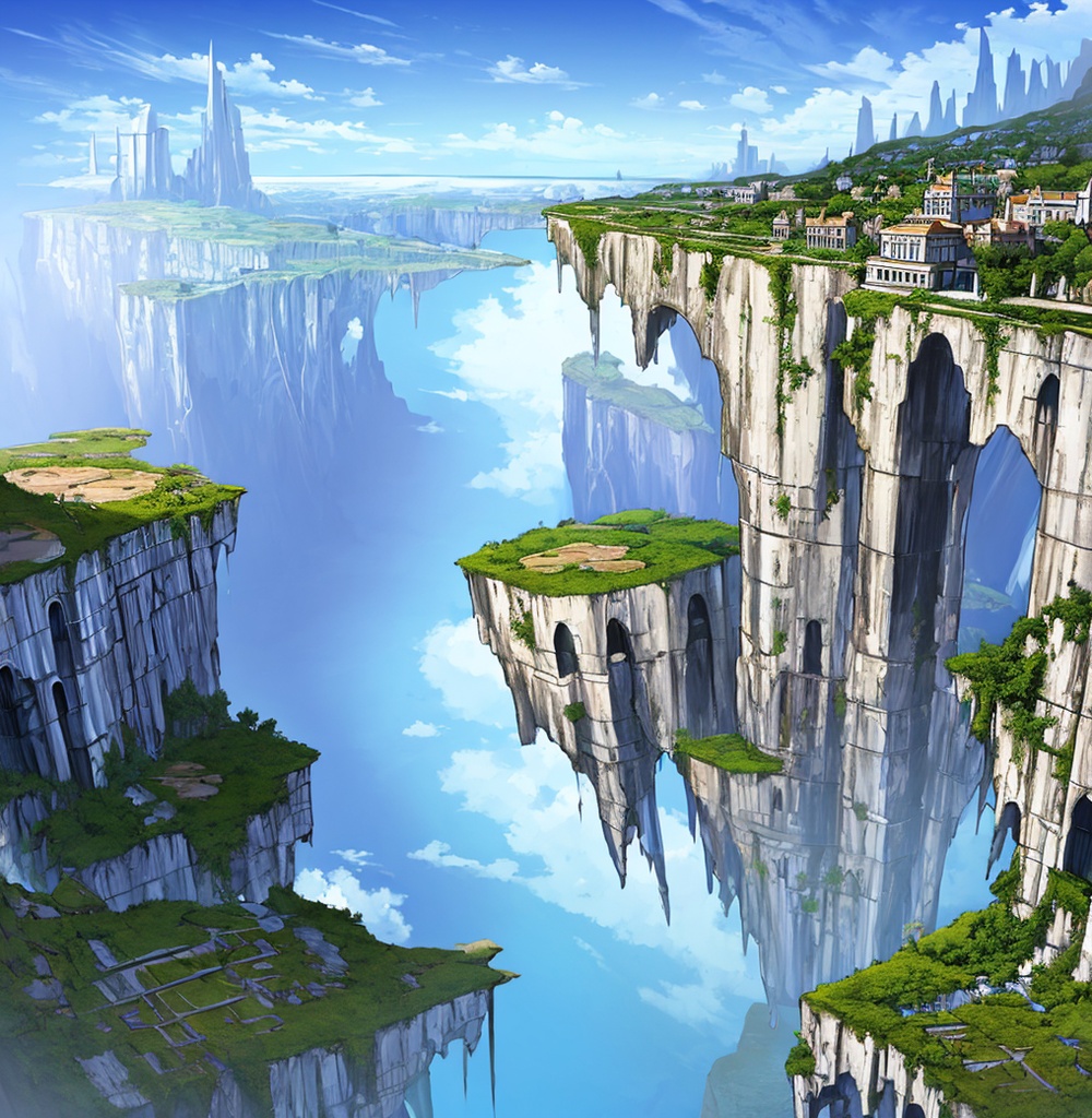 【AI生成】空中大陸と蒼海の廃墟 ファンタジー風景イラスト壁紙セット(3枚)