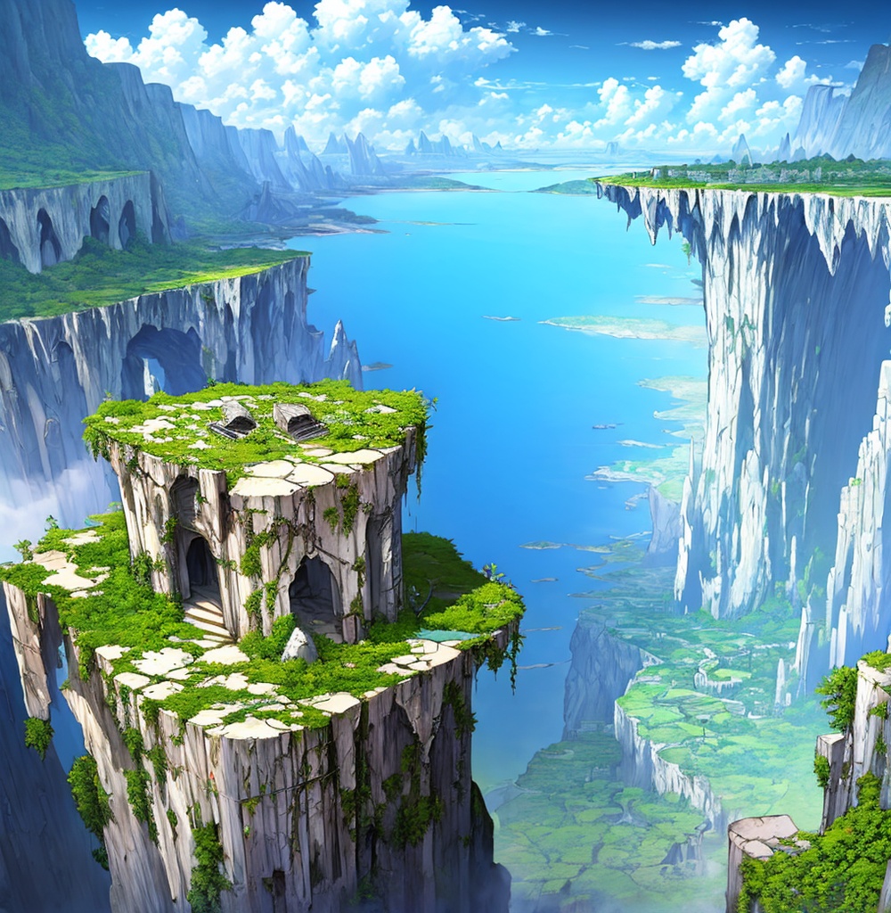 【AI生成】空中大陸と蒼海の廃墟 ファンタジー風景イラスト壁紙セット(3枚)