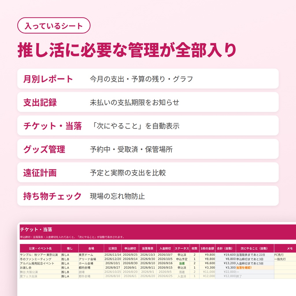 推し活まるごと管理シート|予算・チケット当落・グッズ・遠征費を1ファイルで【Excel・Googleスプレッドシート対応】
