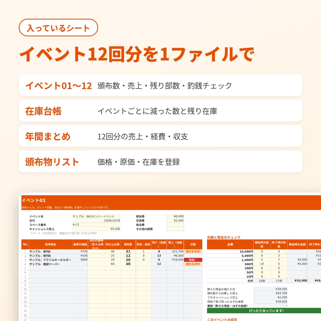 即売会 頒布・在庫・釣銭管理シート|当日は頒布数を入れるだけ・転記なしで在庫と収支を自動集計【Excel・Googleスプレッドシート対応】