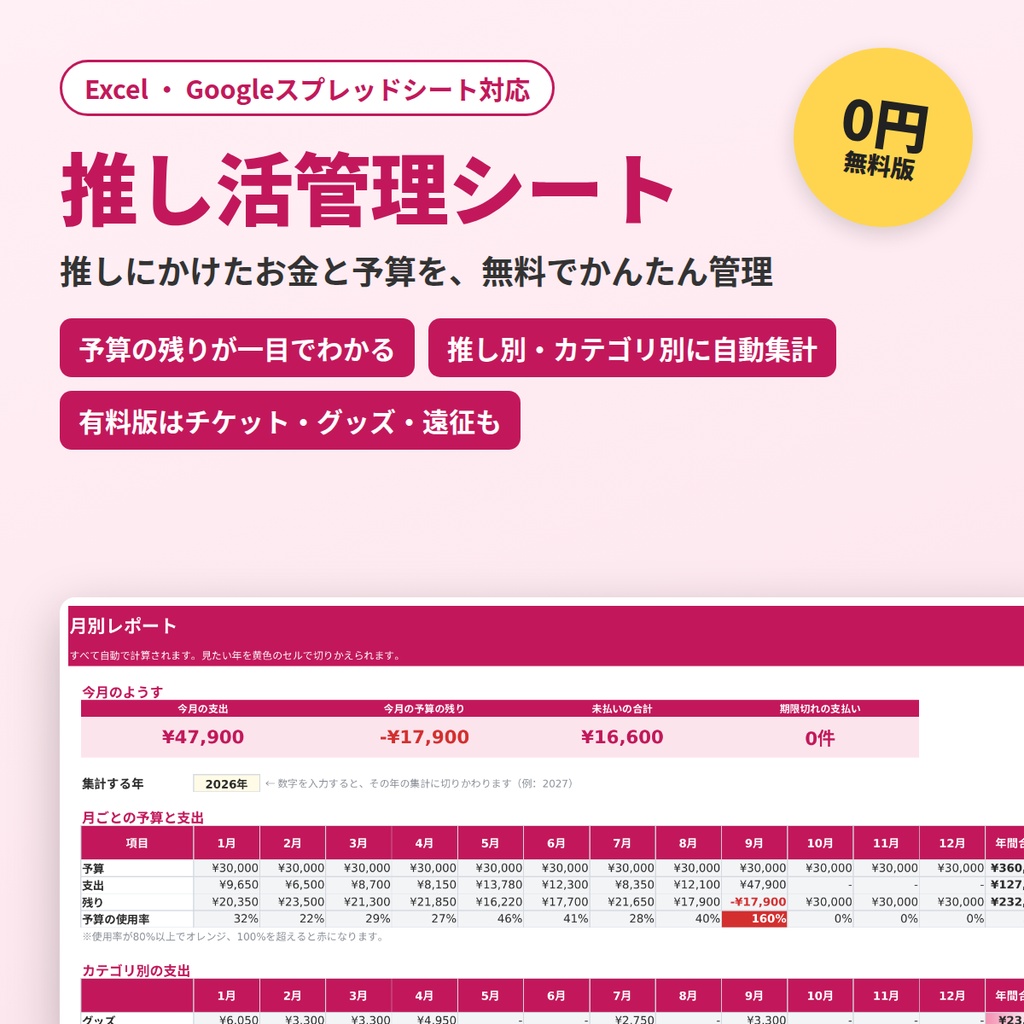 【無料】推し活管理シート｜推しにかけたお金と予算をかんたん管理【Excel・Googleスプレッドシート対応】