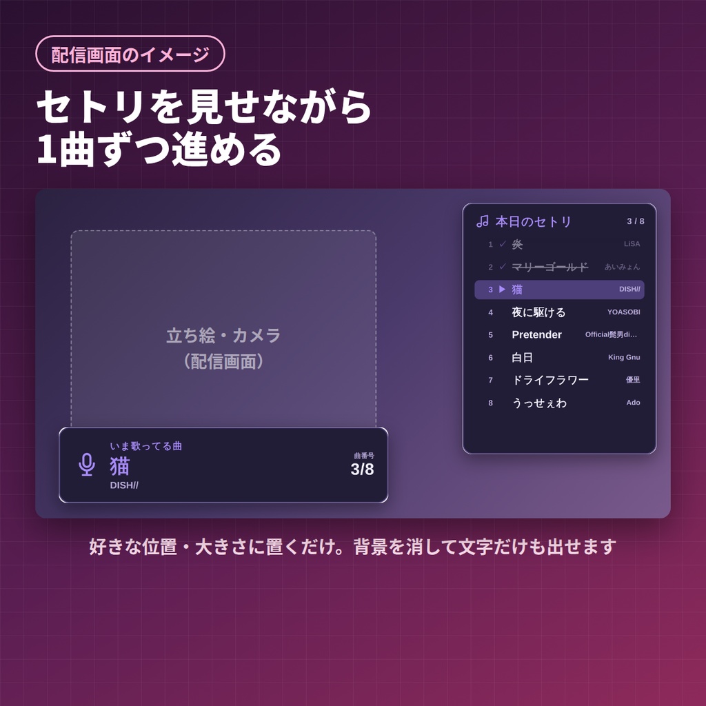 【OBS】歌枠セットリスト表示ツール|クリックで1曲ずつ進む・今うたってる曲テロップ付き【7デザイン/背景透明対応】