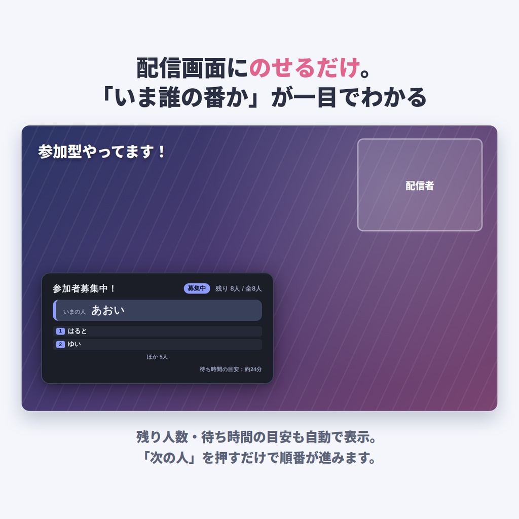 【OBS】参加型配信 待機列ツール|視聴者の順番待ちを配信画面に表示・クリックで次の人へ【わんコメ不要/7デザイン/背景透明】