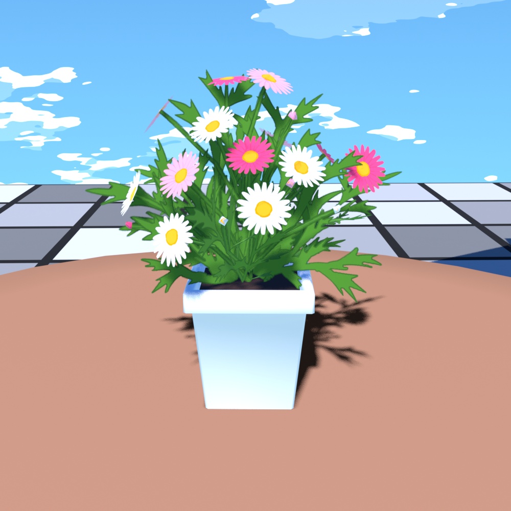 マーガレット風　植木鉢小物　３色ミックス・編集素材付き　軽量　３Dモデル　