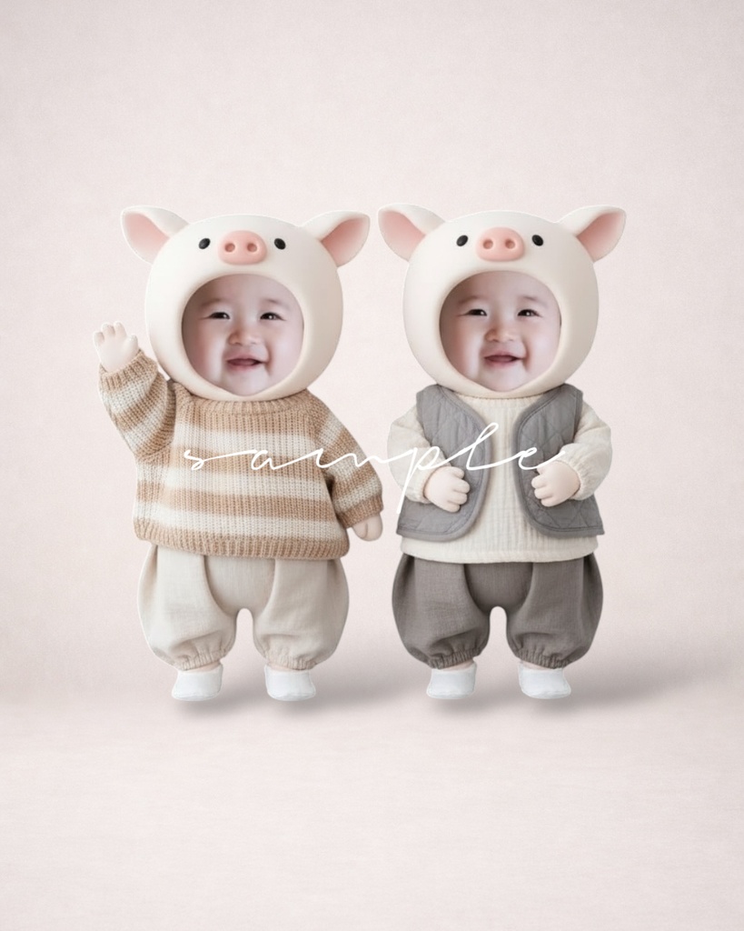 ぶたピクミリー 冬コーデ① ② ｜2点セット｜顔はめ素材