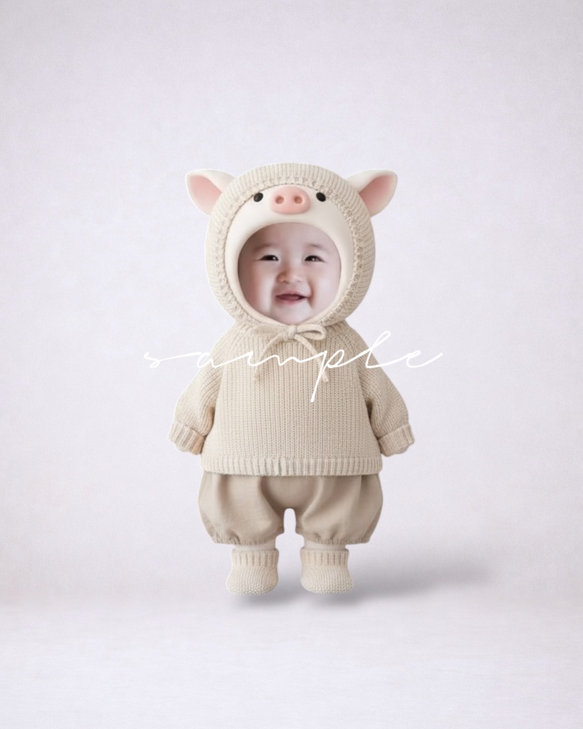 ぶたピクミリー 冬ニットフードコーデ｜顔はめ素材