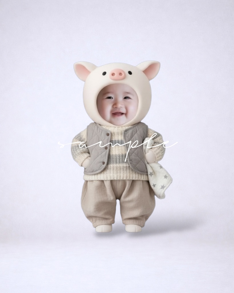 ぶたピクミリー ベスト付き冬ニットコーデ｜顔はめ素材