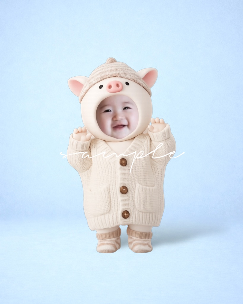 ぶたピクミリー ほっこりニットコーデ｜顔はめ素材