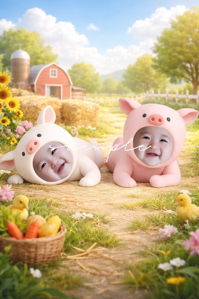 ぶたピクミリー|ごろんポーズ 2点セット(背景付き+素材)|顔はめ素材