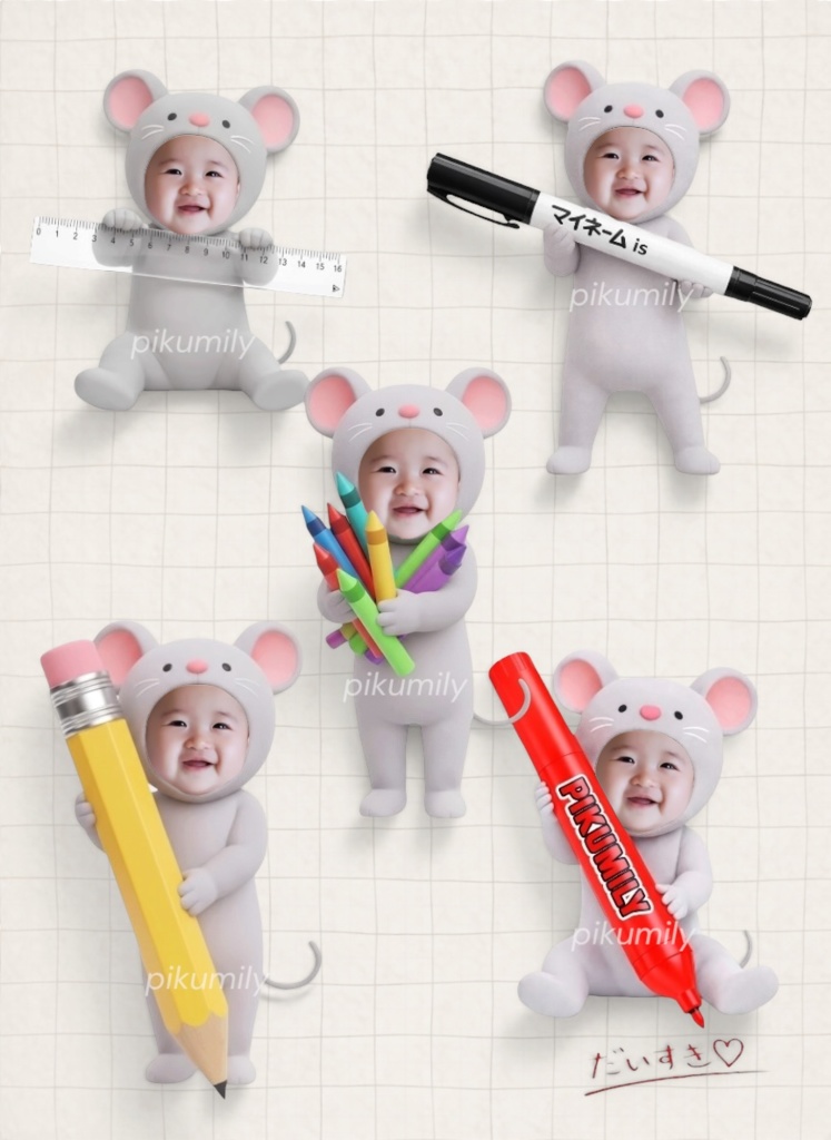 【4/8まで限定価格】ピクミリー文房具シリーズ｜5点セット｜顔はめ素材