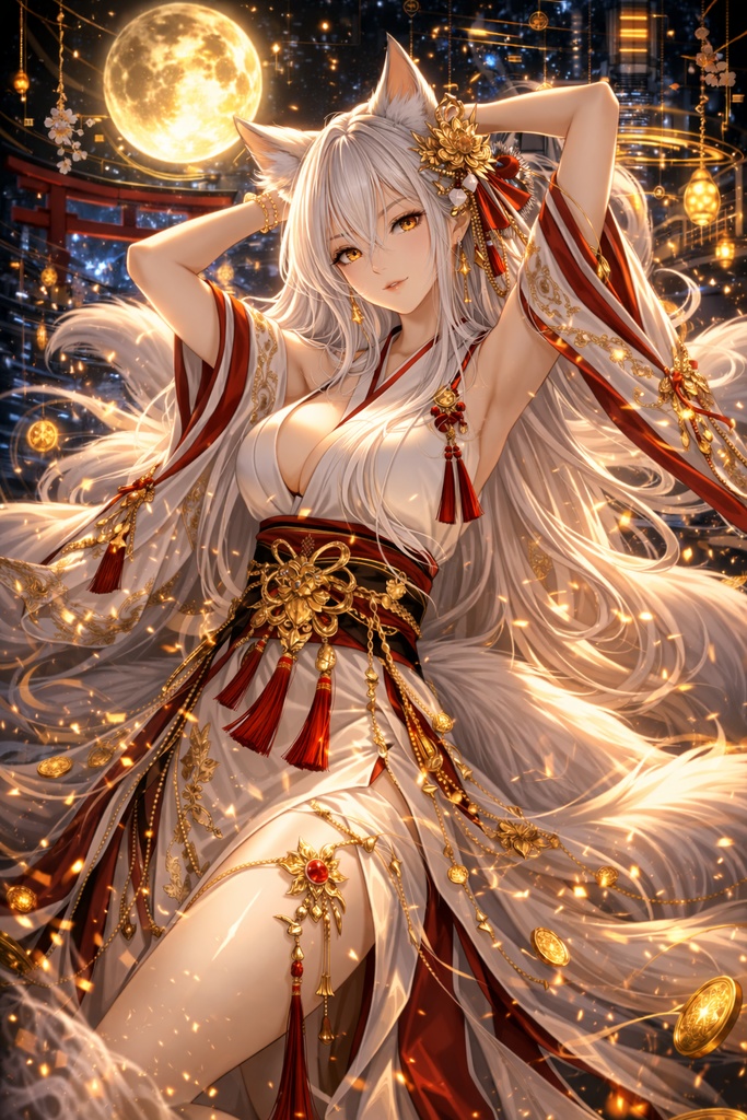 九尾巫女 – 月光と金箔の開運スマホ壁紙20枚セット
