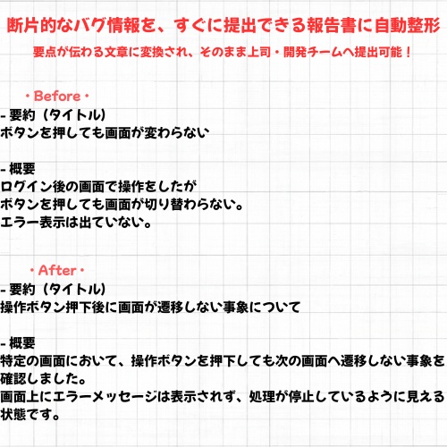 【ITエンジニア向け】起票ツール不問|QA対応 AIバグ報告書テンプレート(300〜400文字・自動整形)
