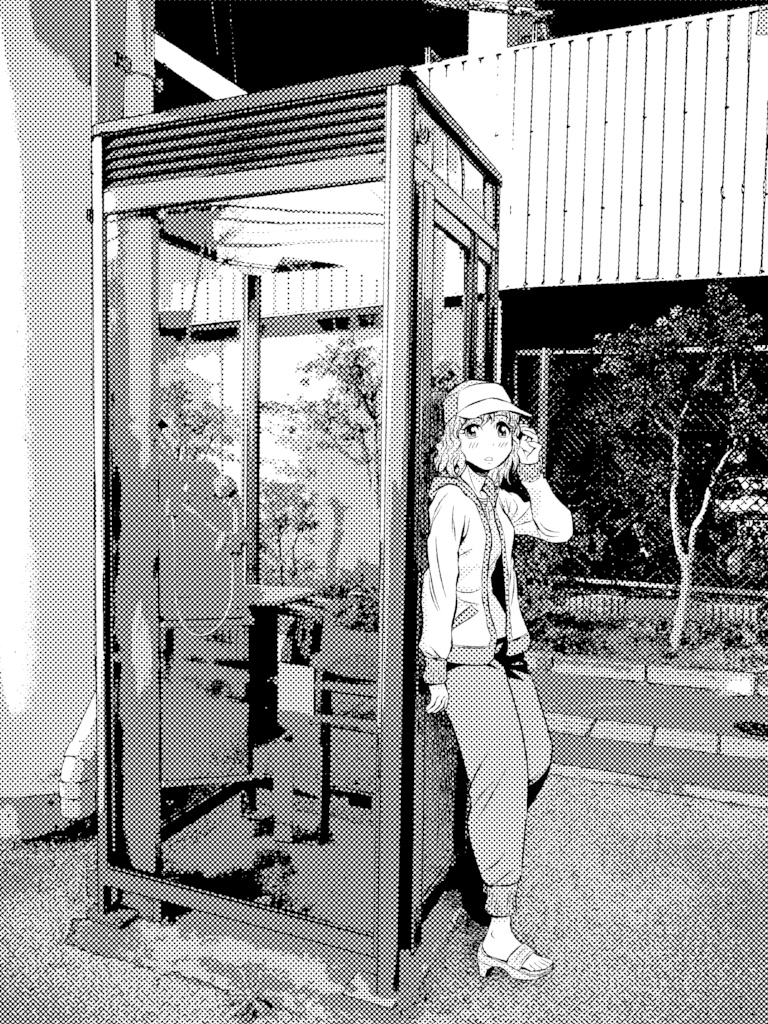 0円！写真加工背景作例「電話ボックスと女の子」