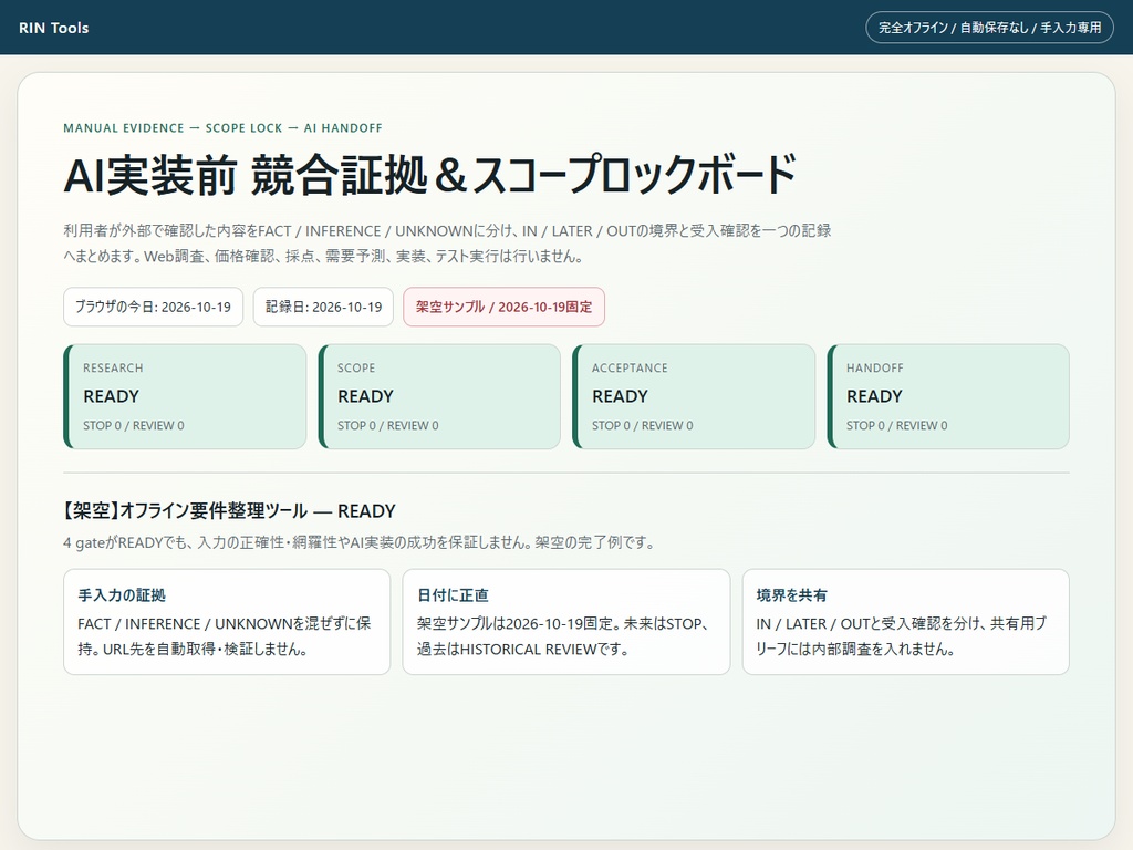 RIN Tools|AI実装前 競合証拠&スコープロックボード