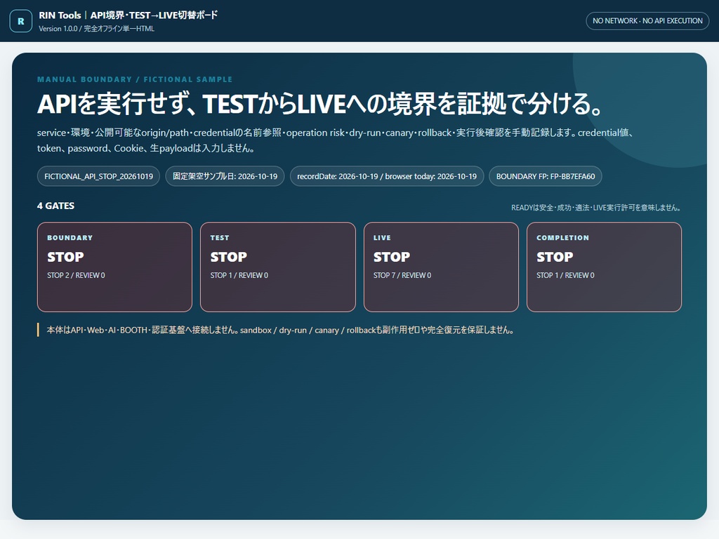RIN Tools|AI実装前のAPI境界・TEST→LIVE切替ボード